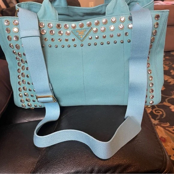Prada Turquoise Studded Canvas Tote with Detachable Strap COA - Picture 3 of 16